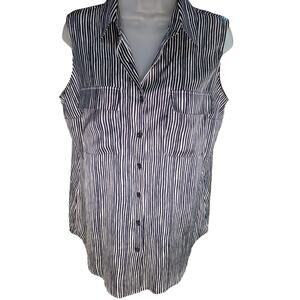 Jones New York Navy/Silver Stripe Sleeveless Blouse Button Up Sz M